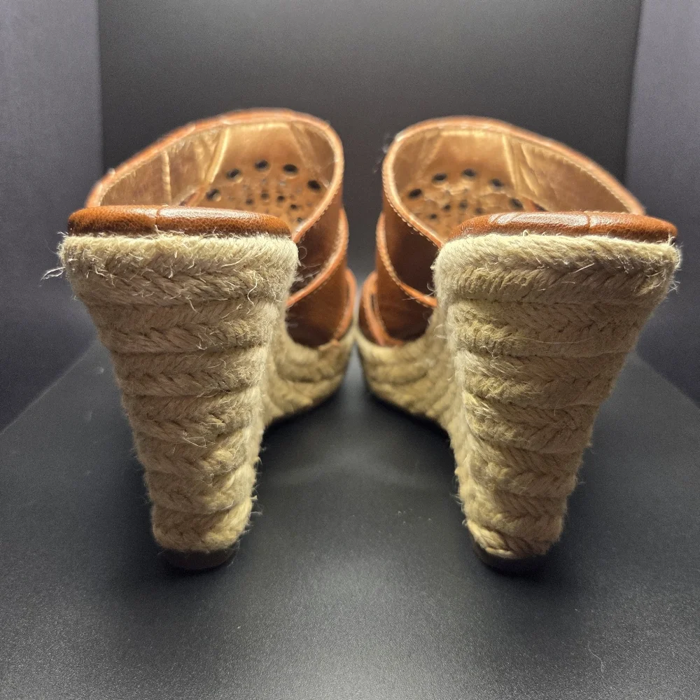 Söfft Leather Studded Cutout Espadrille Wedge Mule Sandals 6.5M Cognac